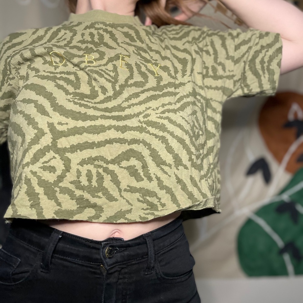Obey Green And Gold Zebra Crop Top